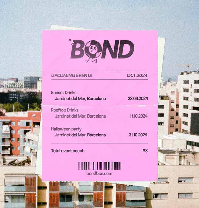 Bond event programme displayed over a Barcelona city view